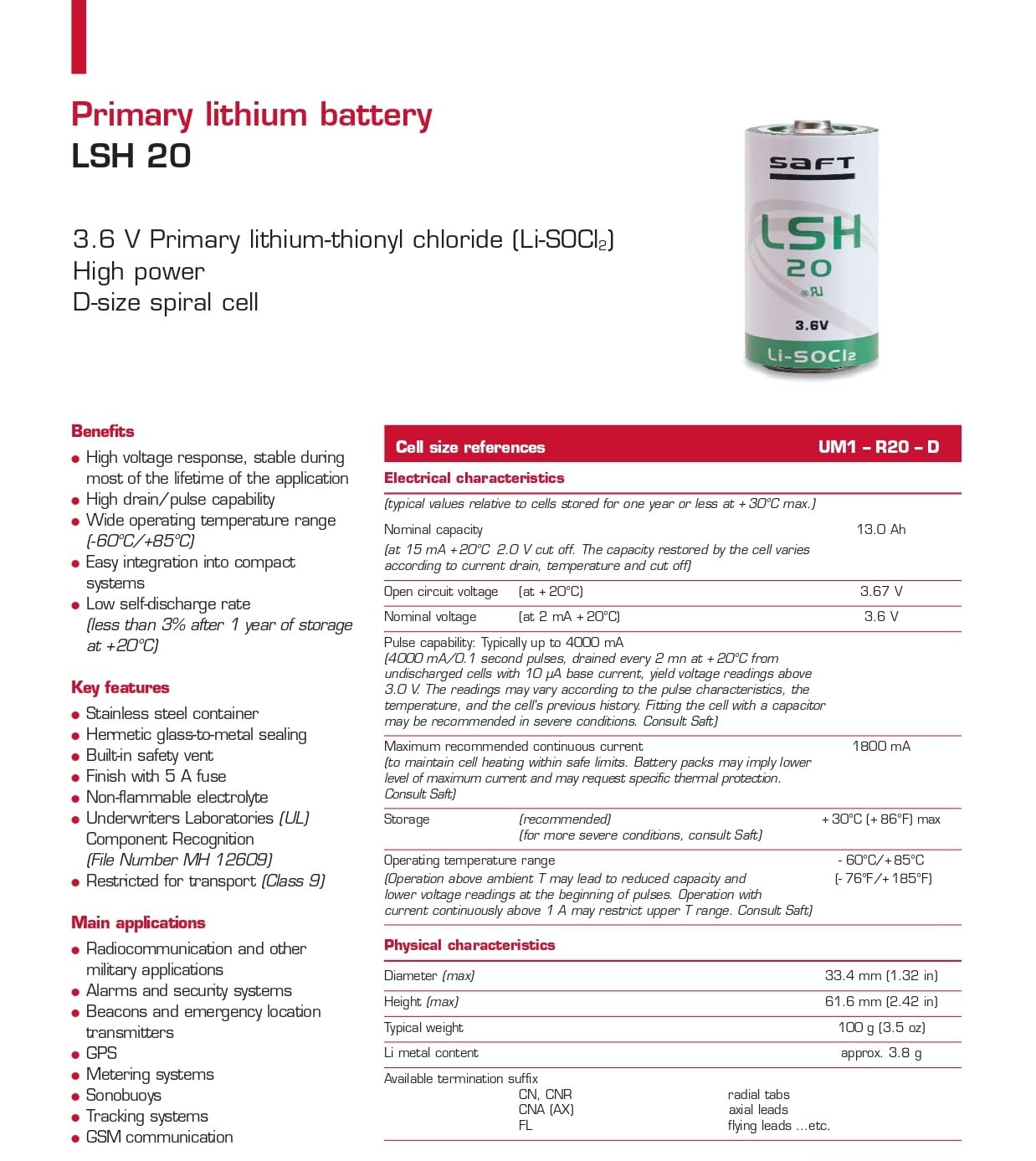 Saft LSH20 Pila de Litio 3.6V 13Ah – Tipo D, Li-SOCl₂, Alta Potencia, Pulsos de hasta 4A, Rango Térmico Extremo, para Telemática, Seguridad y Medición Industrial (Pack 2 uds)