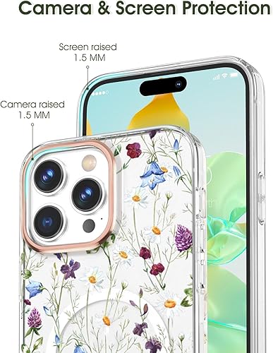 Miniatura 4 de MILPROX Funda compatible con iPhone 15 Pro, compatible con MagSafe, bonito patrón floral de flores para niñas y mujeres, funda protectora magnética