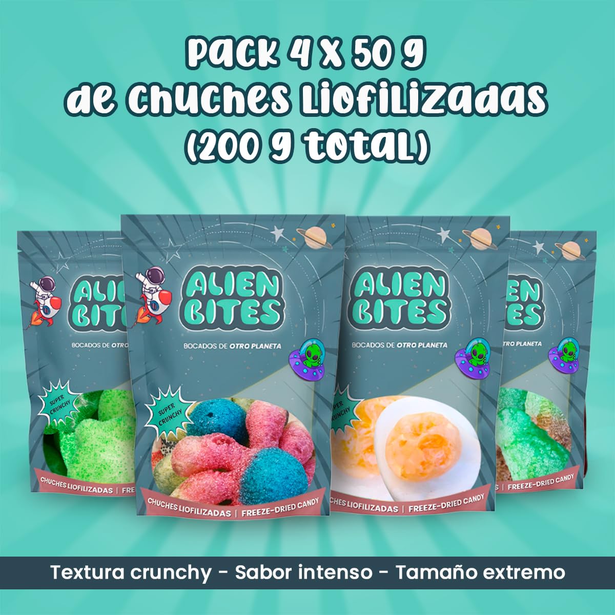 Alien Bites - Pack de 4 Bolsas de 50g de Chuches Liofilizadas - Gominolas Freeze Dried - Chuches para Cumpleaños, Regalos y Snacks - Sin Gluten (Pulpo, huevo, manzana, cola) (P1)