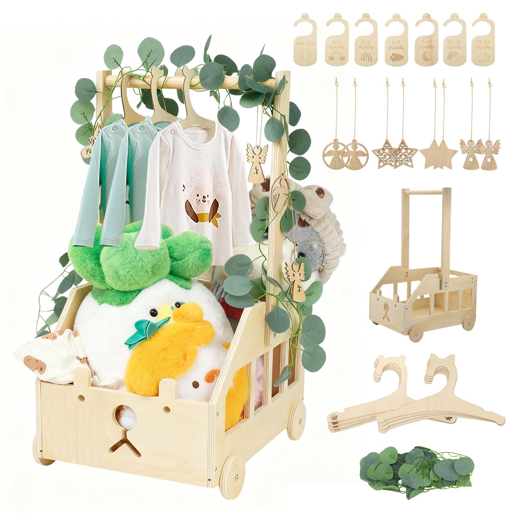 Littlecatch Wooden Baby Hamper Basket, Baby Shower Crate Closet with 8 Hangers, Baby Crate Hamper with Rail, Baby Shower Basket Gift Set for Pregnancy New Parent Gifts