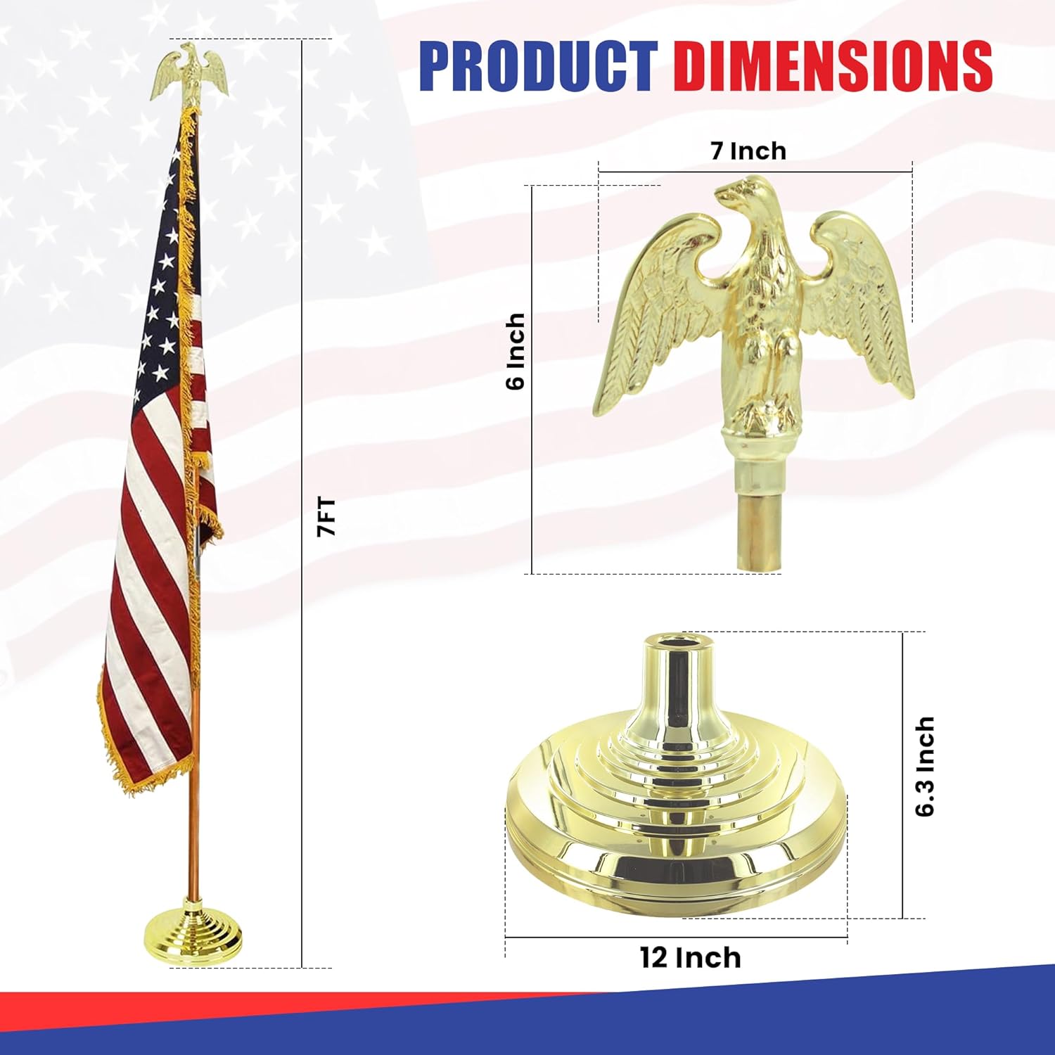 Super Tough Indoor Flagpole Kit with American Flag | 3ft x 5ft Flag, Flagpole, Base & Tassel | Cotton USA Flag with Gold Fringe