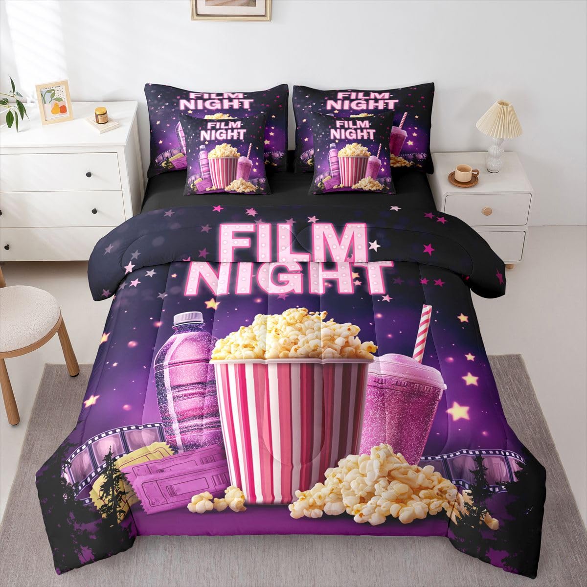 Homemissing Film Piumino Letto con lenzuola 135x200cm(7-Piece Set) Vintage Cinema Biglietto Set Piumini per Bambini Ragazze Popcorn Clapboard con Piumino Cinema Film Reel Room Decor Cinema Soft