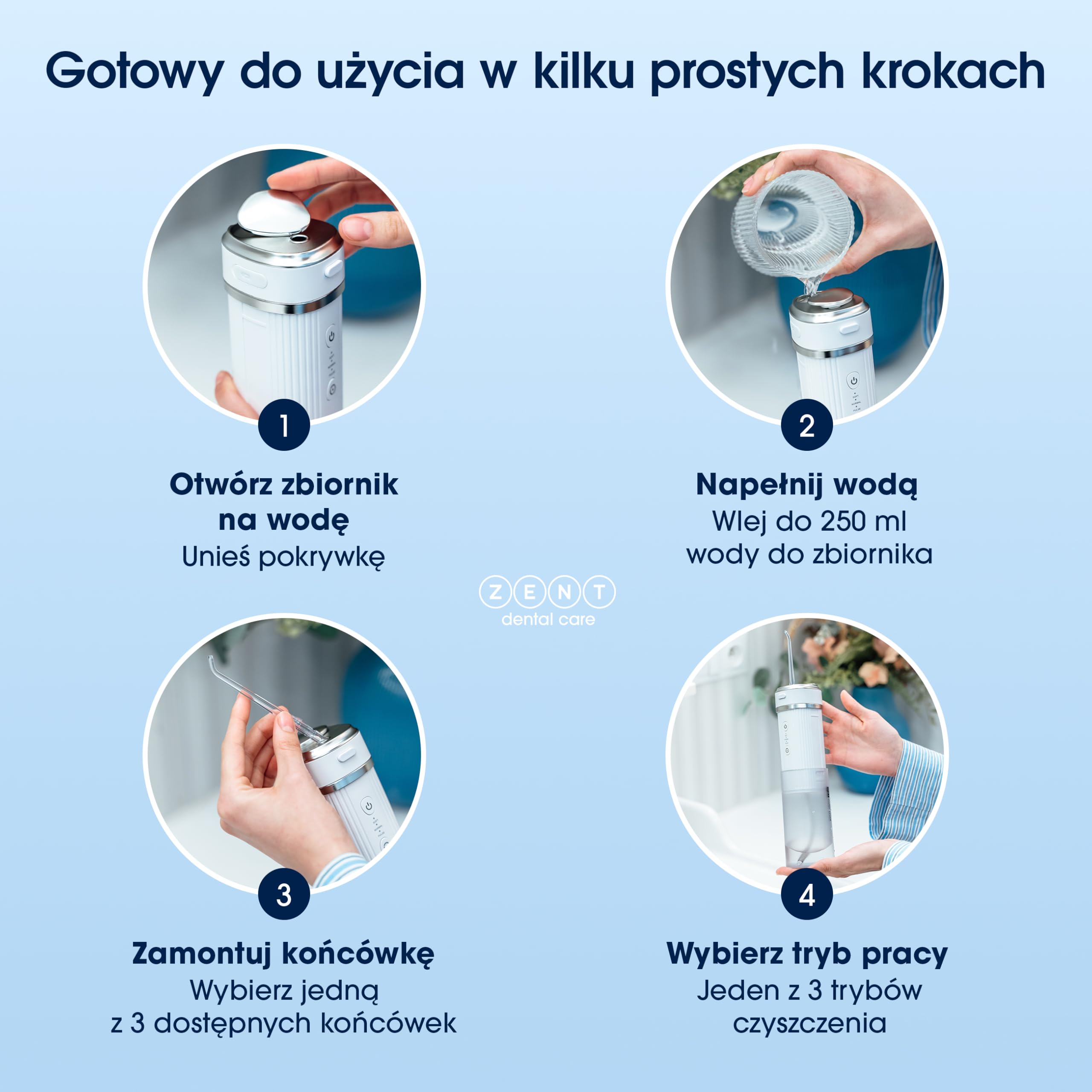 ZENT Stream+ Irygator wodny, Zaawansowana technologia obrotowa 360°, 3 Specjalne końcówki, Regulowane ciśnienie, Usuwanie płytki nazębnej, Wytrzymała bateria, Kompaktowe rozmiary, Niebieski
