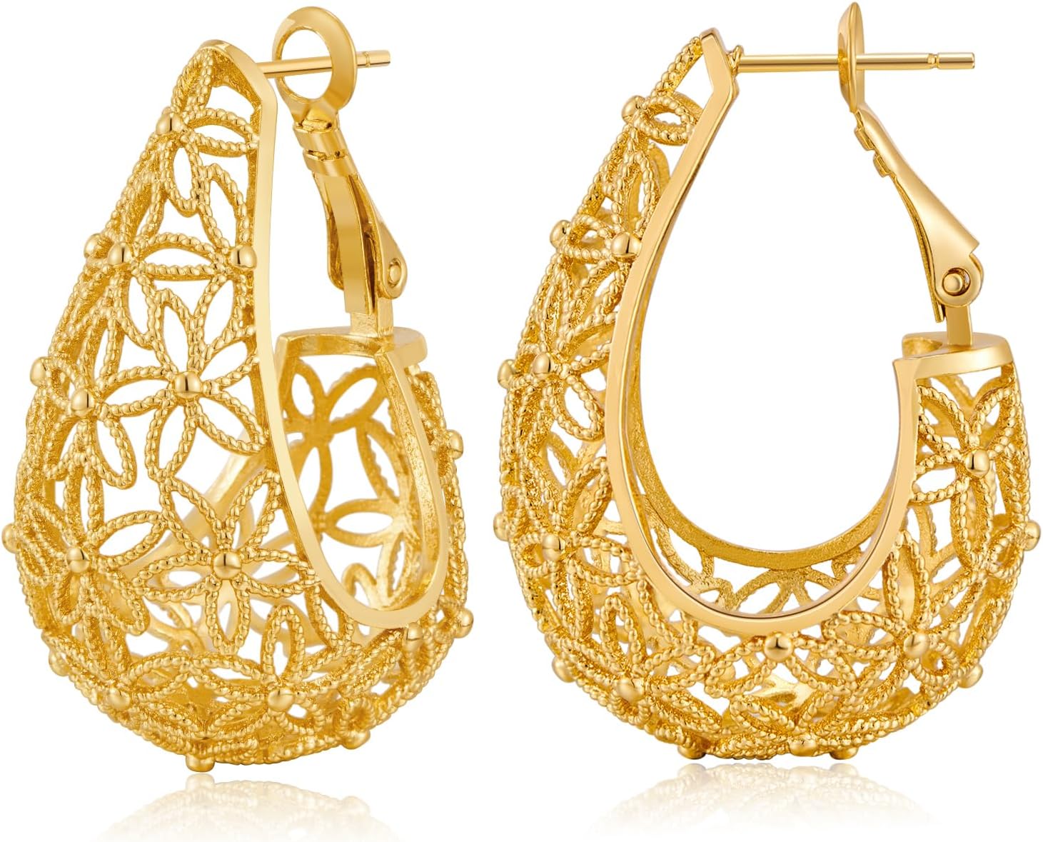 Gold Hollow-Out Chunky Hoop Earrings Vintage Filigree Hoop Earrings Wide Hoop Earrings for Women Jewelry Gifts