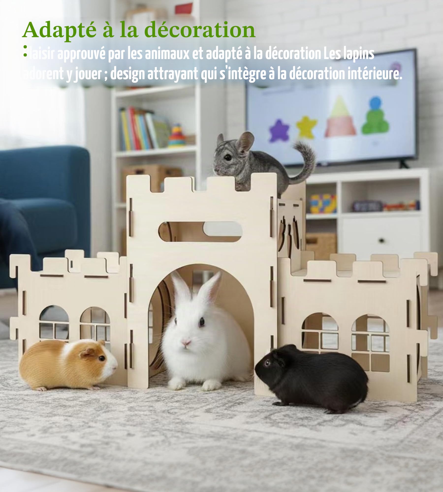 HIIMALEX Cachette de château de Lapin Extra Large pour l'intérieur - Balcon divisé pour Lapins - Tour d'escalade avec Tunnel - Maison Stable pour Lapins, furets, cochons d'Inde, Hamsters
