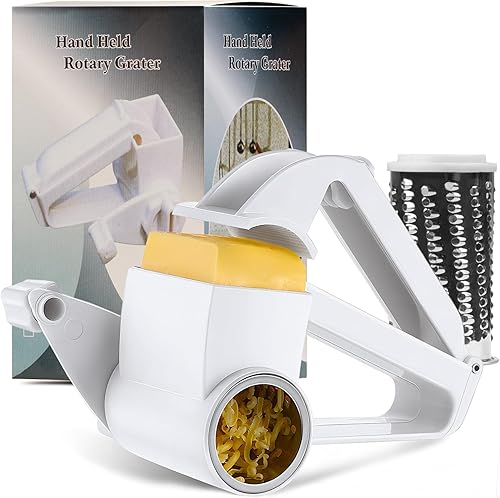 Rallador de queso, rallador de queso giratorio de mano, para parmesano, cheddar, nueces, chocolate, verduras, diseño ergonómico, color blanco