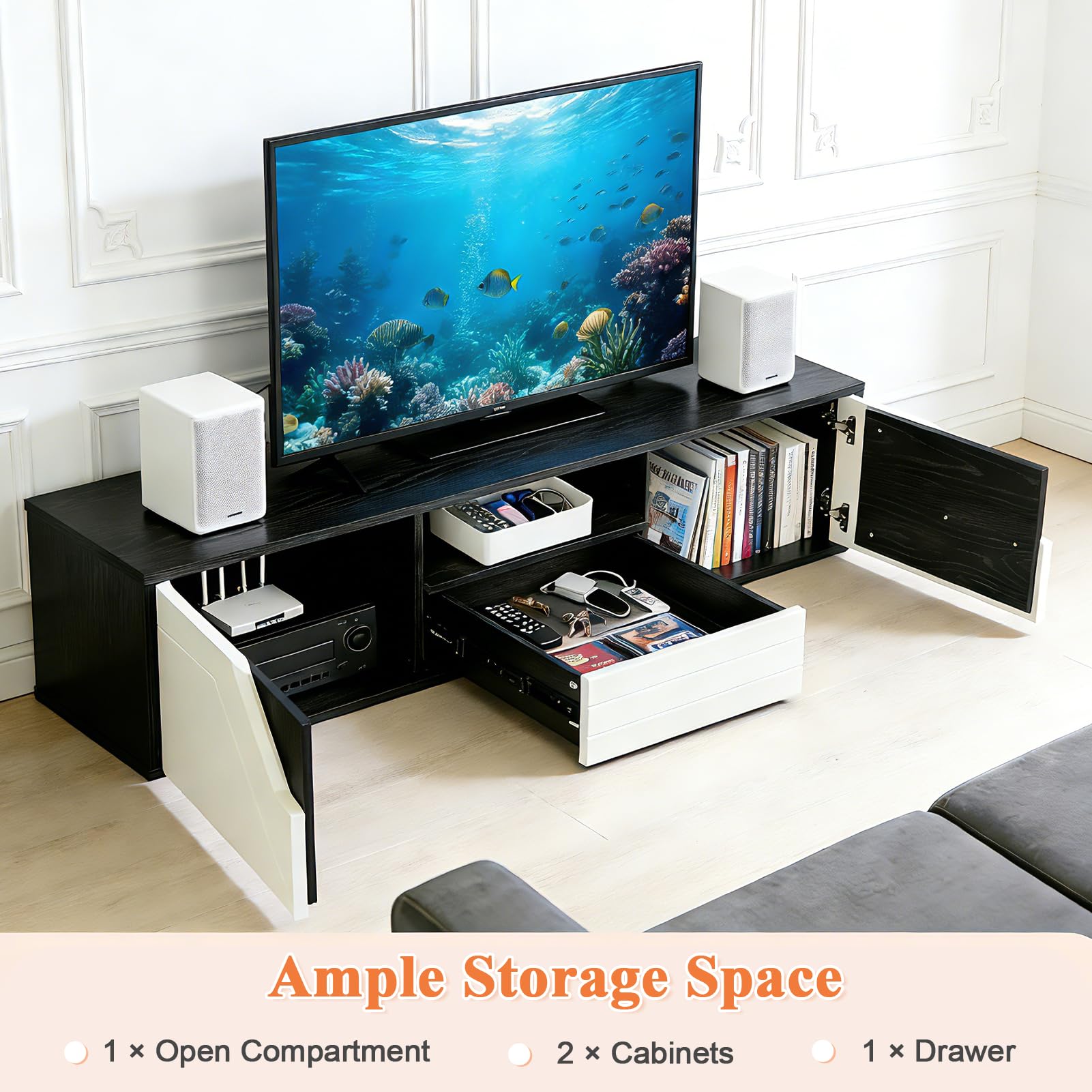 TV Lowboard Stehend 120cm, TV Schrank mit 2 Türen, TV Board für Fernseher bis zu 50 Zoll, Fernsehschrank mit Schublade und offenem Fach für Wohnzimmer und Schlafzimmer, Schwarzweiß