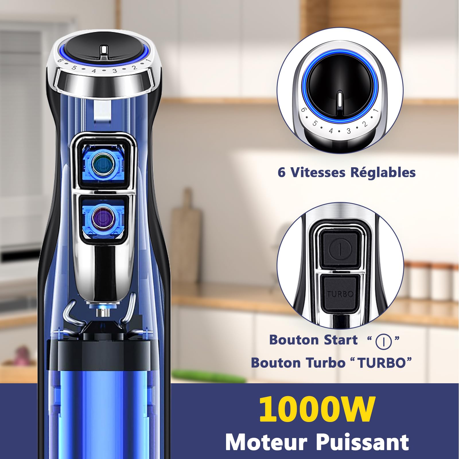 Aigostar Buckle - Mixeur plongeant 4 en 1 de 1000W. Mixer plongeur avec 6 vitesses + Turbo. Mixeur multifonction avec hachoir 500 ml, tasse à mesurer 600 ml et fouet, sans BPA