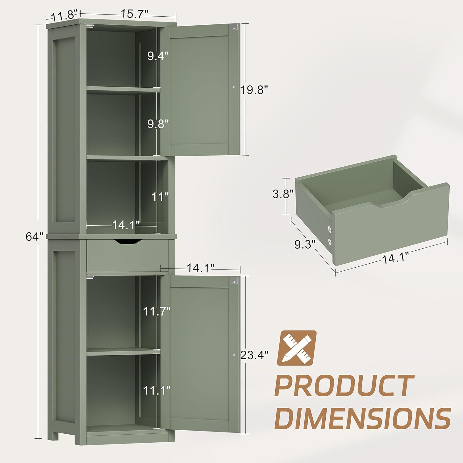 Shintenchi Tall Bathroom Storage Cabinet, Slim Corner Floor Cabinet with Doors and Drawer, Freestanding Narrow Bathroom Organizer with Adjustable Shelves for Small Space, Green
