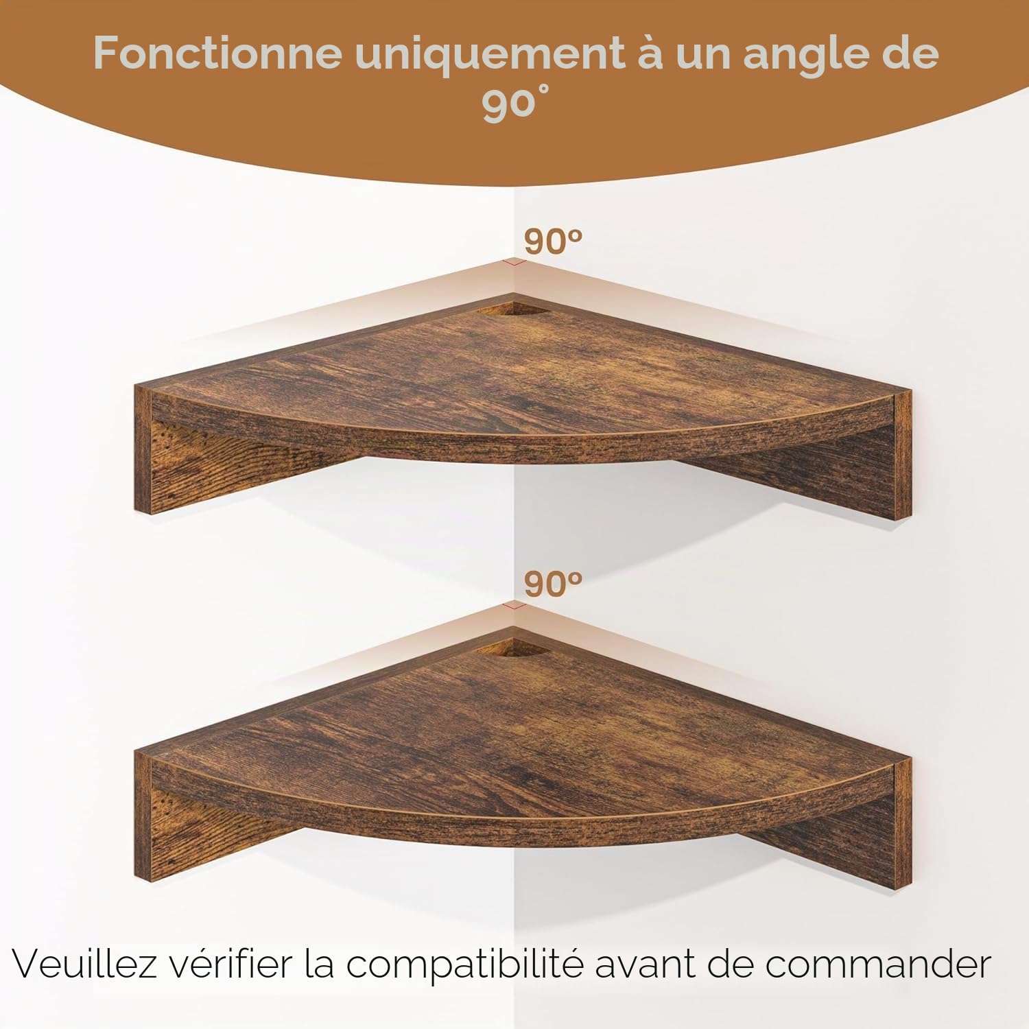 Lot de 3 étagères d'angle suspendues en bois rustique flottant avec trou pour fil de fer - Style vintage maison de campagne - Pour chambre à coucher, salon - Marron