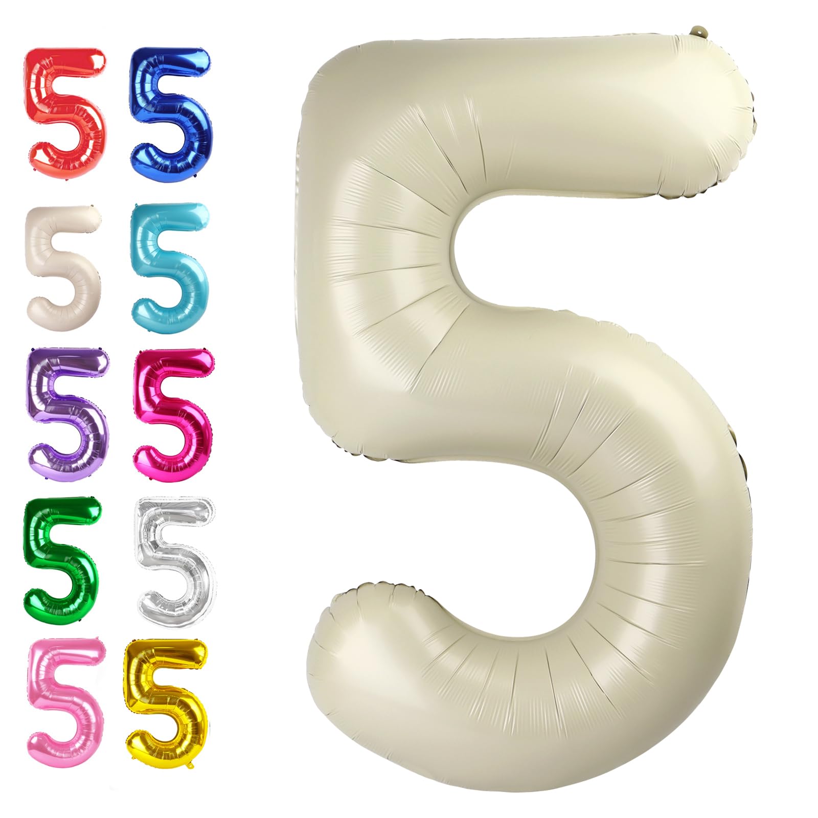 Cream White 40 Inch Large Number 5 Birthday Balloon, Five 5th 15 25 35 50 55 Birthday Celebration Decorations, Foil 5 Mylar Helium Number 5 Balloons