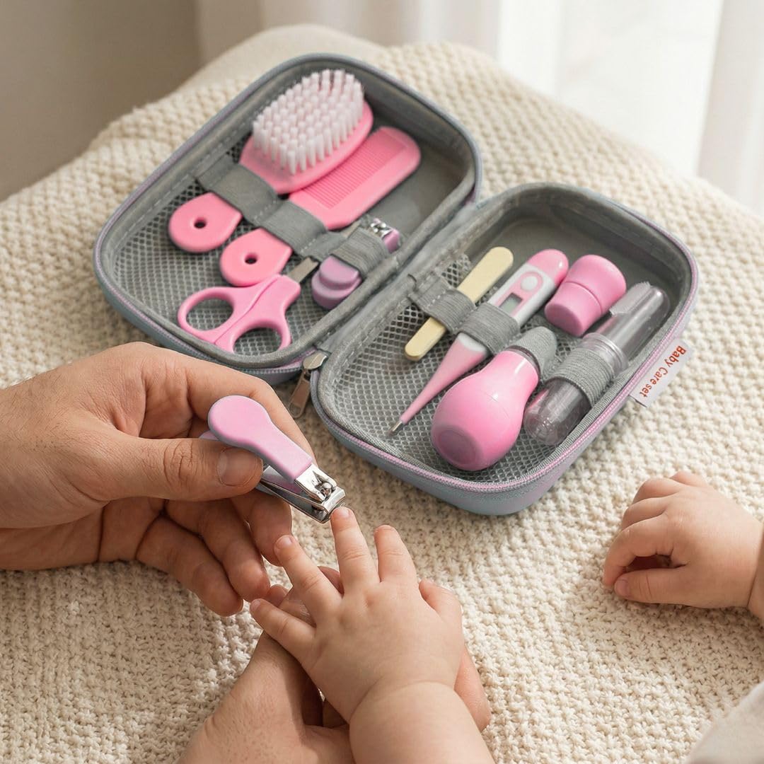 Kit de Cuidado e Higiene para Bebé | Estuche Portátil con Cepillo y Peine, Tijeras, Lima, Cortaúñas, Termómetro Digital, Aspirador Nasal y Protector de Chupete (Rosa)