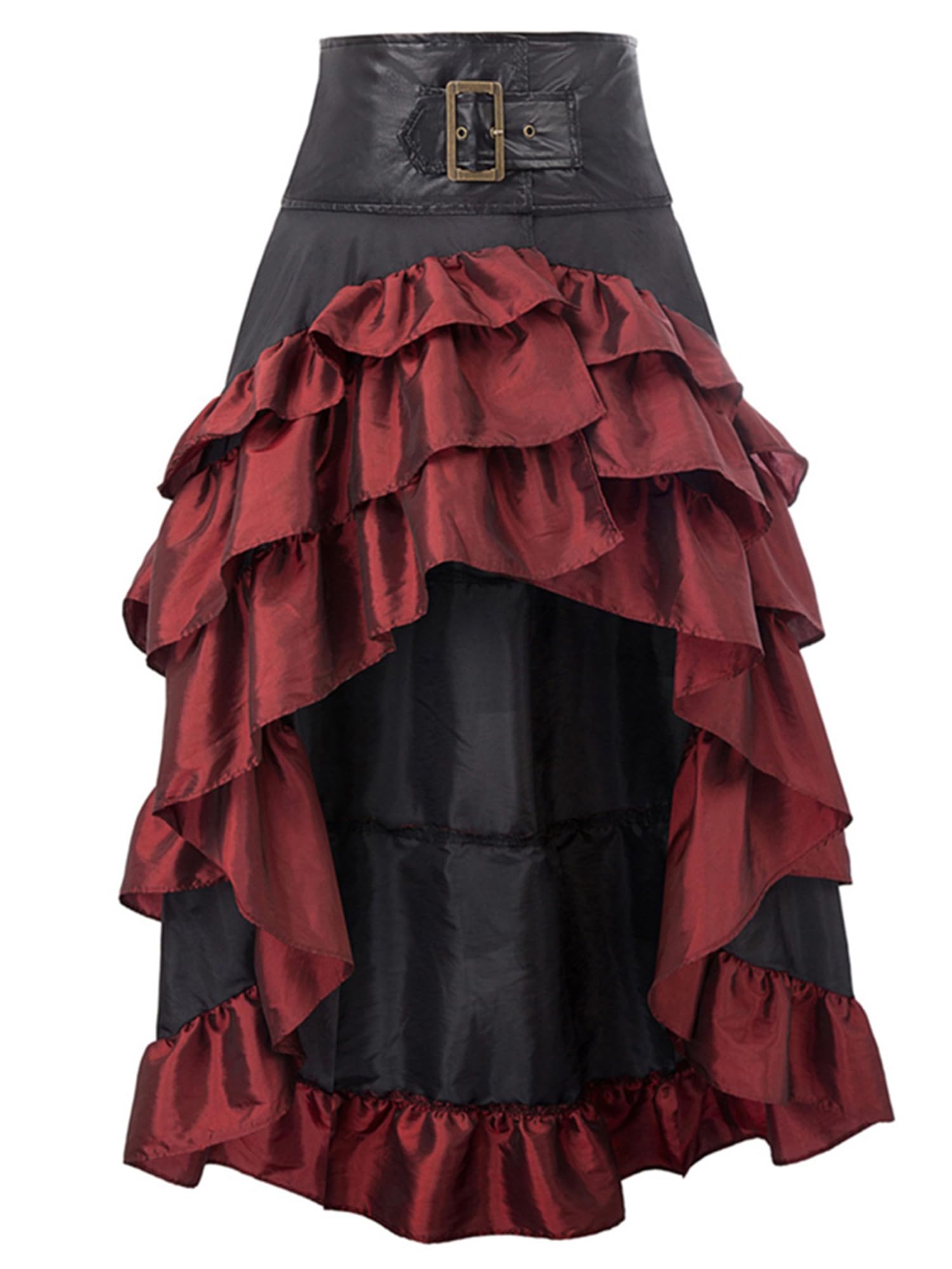 Anuedgis Women's Gothic Steampunk Skirt Medieval Renaissance Asymmetrical High Low Ruffle Skirt Carnival Party Pirate Costume (A-Red, S)