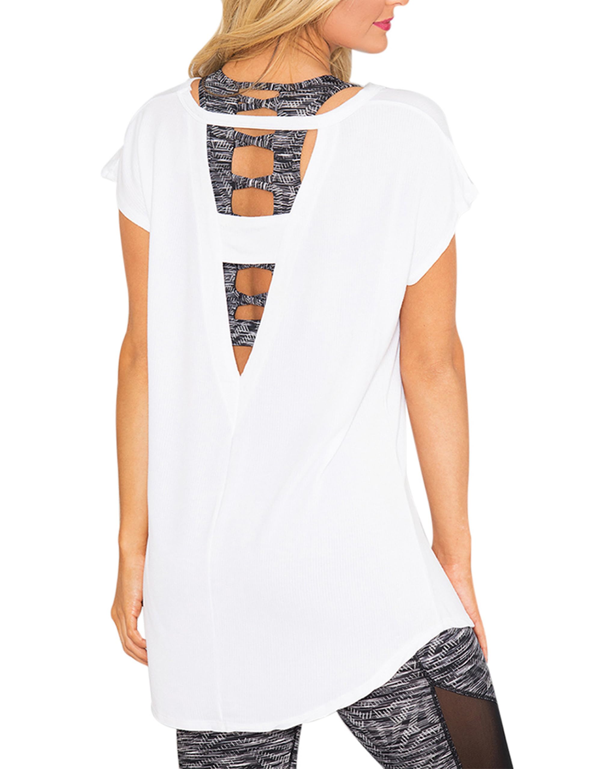 Women's Short Sleeve Crewneck Shirts Large V Back Cut Out Workout Casual T-Shirt Loose Tops