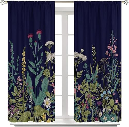 Miniatura 587 de Retro 70s Floral Blackout Window Curtains, Watercolor Flower Plant Rustic Modern Style Pattern Window Drapes, for Bedroom Living Room 42x45in 2