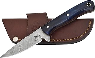 Knives Ranch 7" Fixed Blade EDC Knife - Hunting Knife - Damascus Steel - Full Tang - Bone Handle - Heavy Duty Horizontal Carrying Leather Sheath Snug Fit (3056-BLU) - Knives Ranch