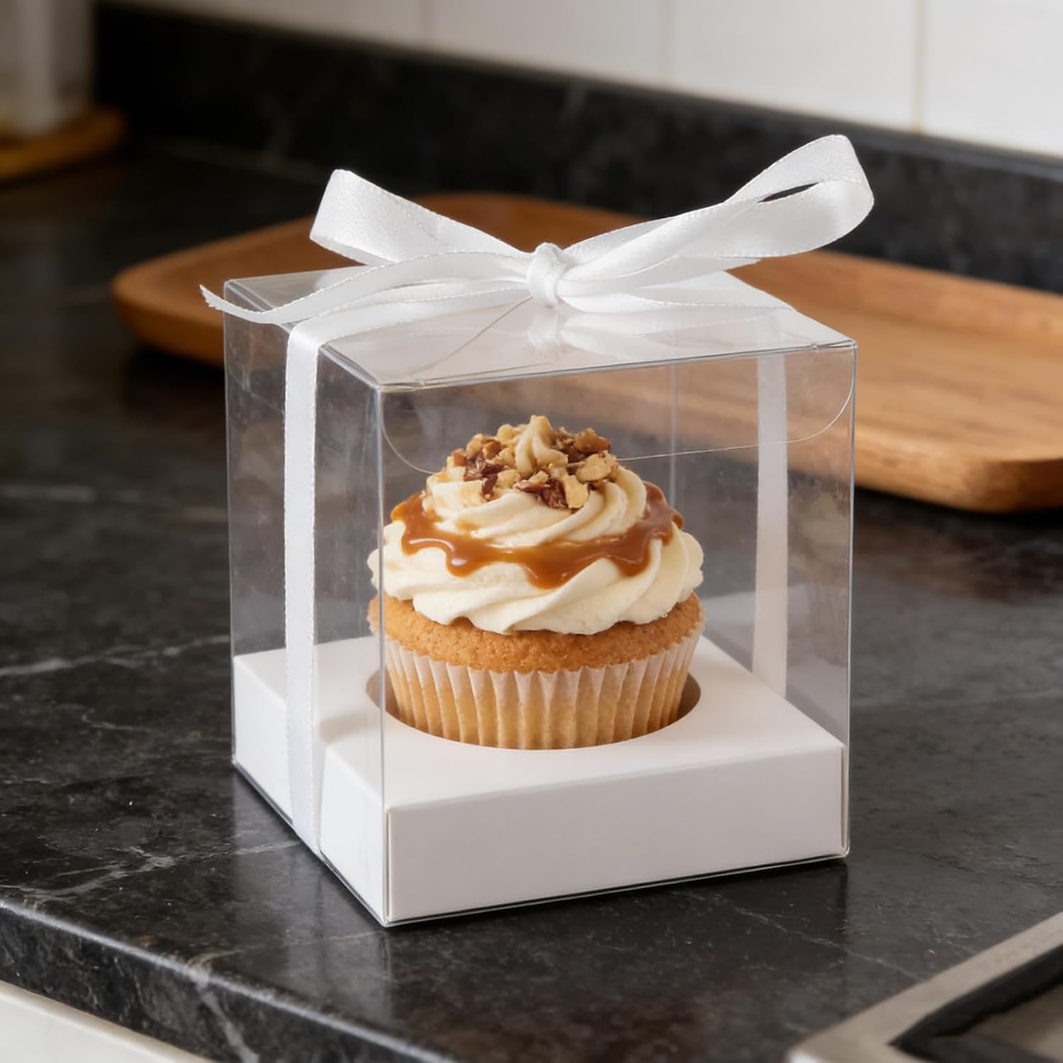 70 PCS Clear Cake Boxes, 3.5 Inches Individual Plastic Cupcake Box with Ribbons and Inserts, Transparent Cake Box for Birthday Wedding Party