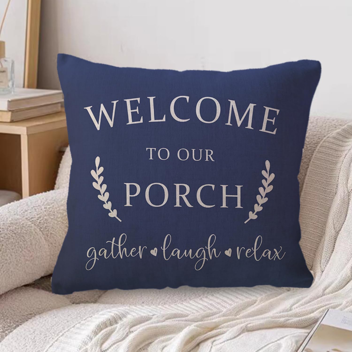 ULOVE LOVE YOURSELF Porch Decor Throw Pillow Covers 18x18,2Pack Country Farmhouse Pillowcases Welcome to Our Porch Stay Awhile Front Porch Bench Decor Cushion Covers (Blue) image 4