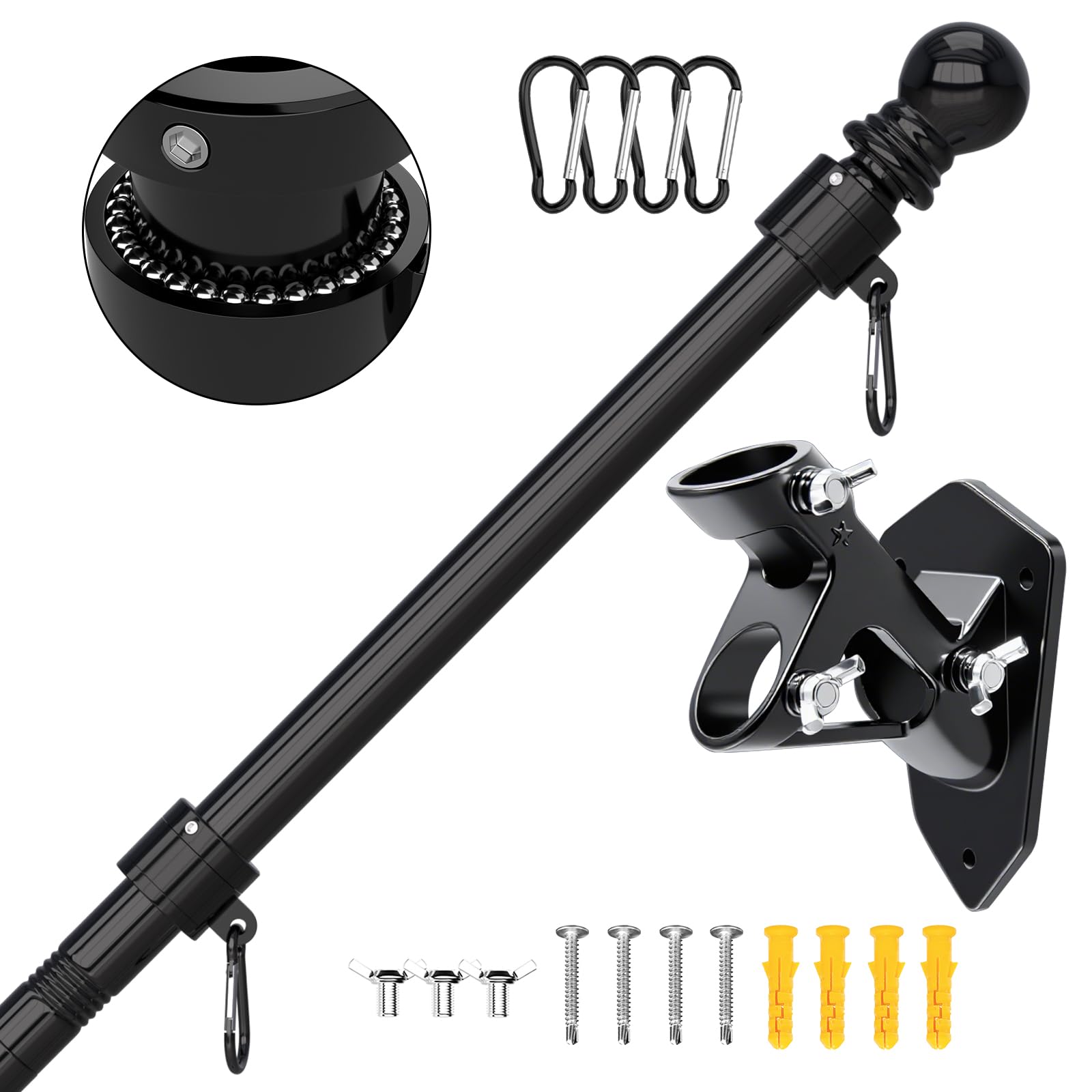 Flag Pole - Tangle Free Flagpole with Upgraded Bracket, 5 FT Stainless Steel Flag Poles for Outside House, Residential or Commerical - Flag Pole Kit for Proud American Flag (Without Flag, Black)