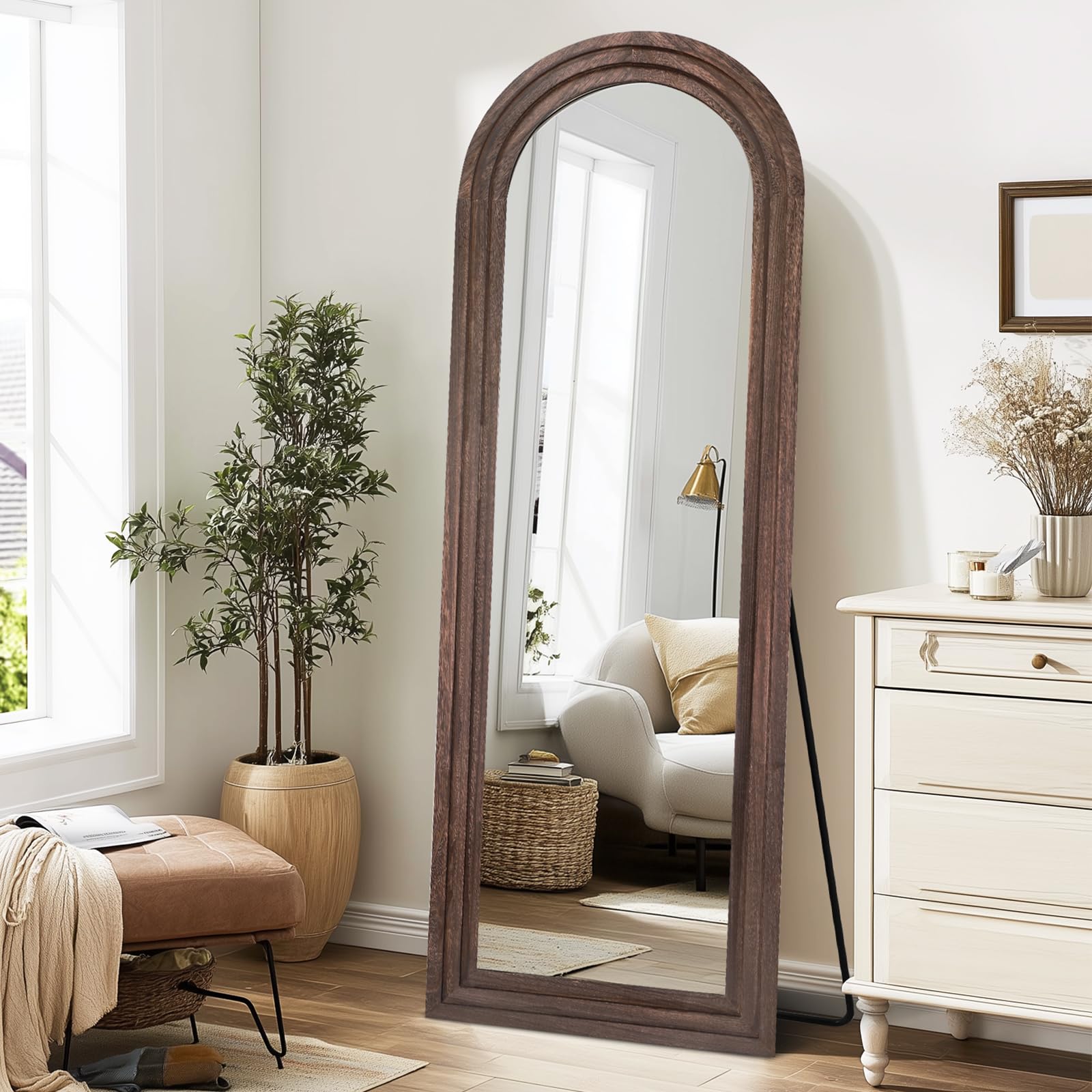 65"x22" Arched Floor Mirror, Solid Wood Full Length Mirror - Free Standing & Wall Mounted - Elegant Design for Bedroom, Dressing Room, Hallway, Brown