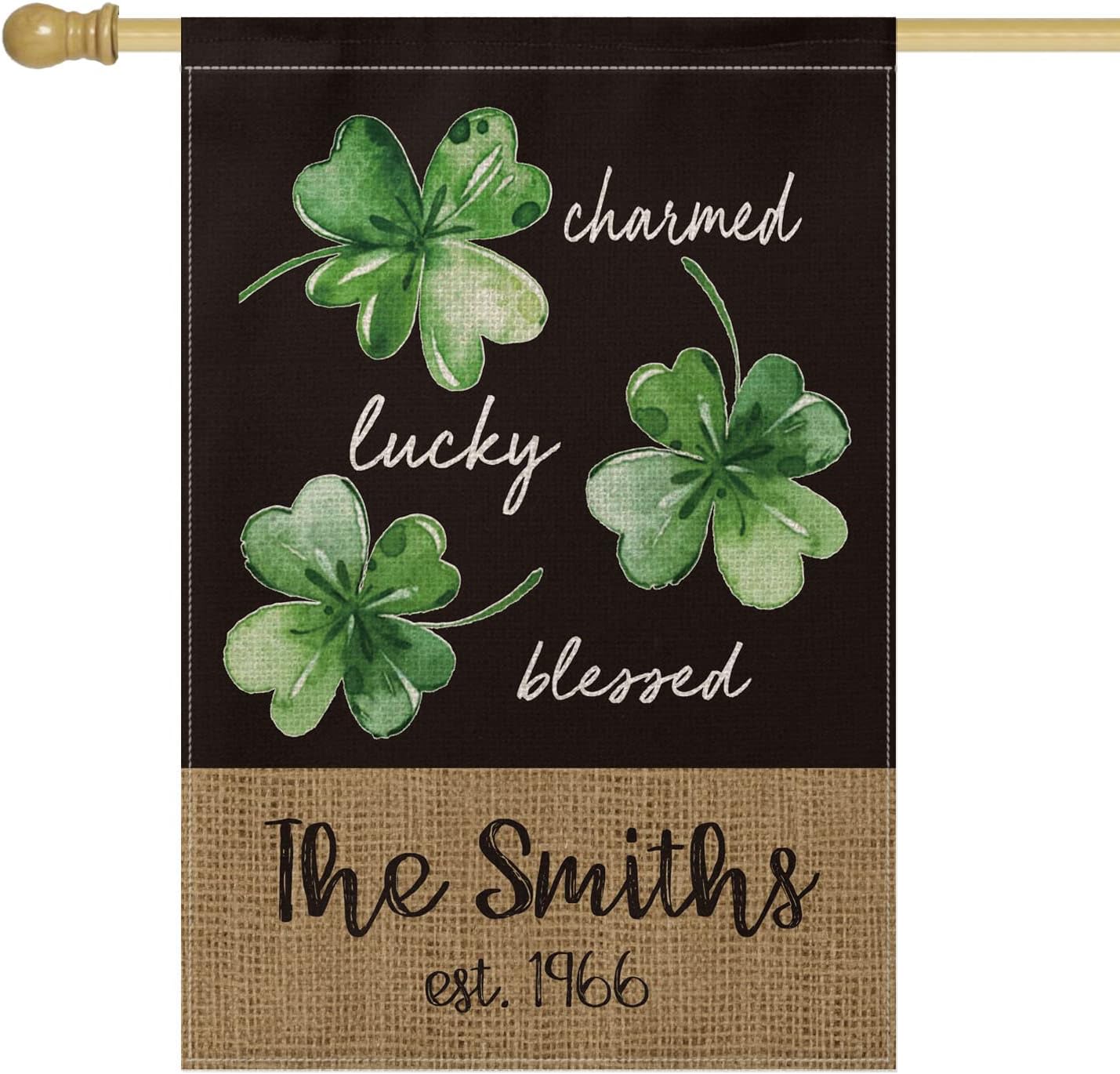 Smile Personalized St Patricks Day House Flag, Charmed Lucky Blessed Custom Family Last Name Shamrock, Double Sided 28 x 40 Inch Rustic Farmhouse Burlap Yard Outdoor Decoration