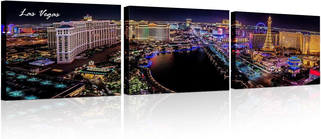 Las Vegas Skyline Wall Art the City of Las Vegas Panoramic Photograph Artwork for Home Walls 3 Pieces Wall Decor for Bedroom, Living Room, Office Framed Ready to Hang 14x20 inch x3