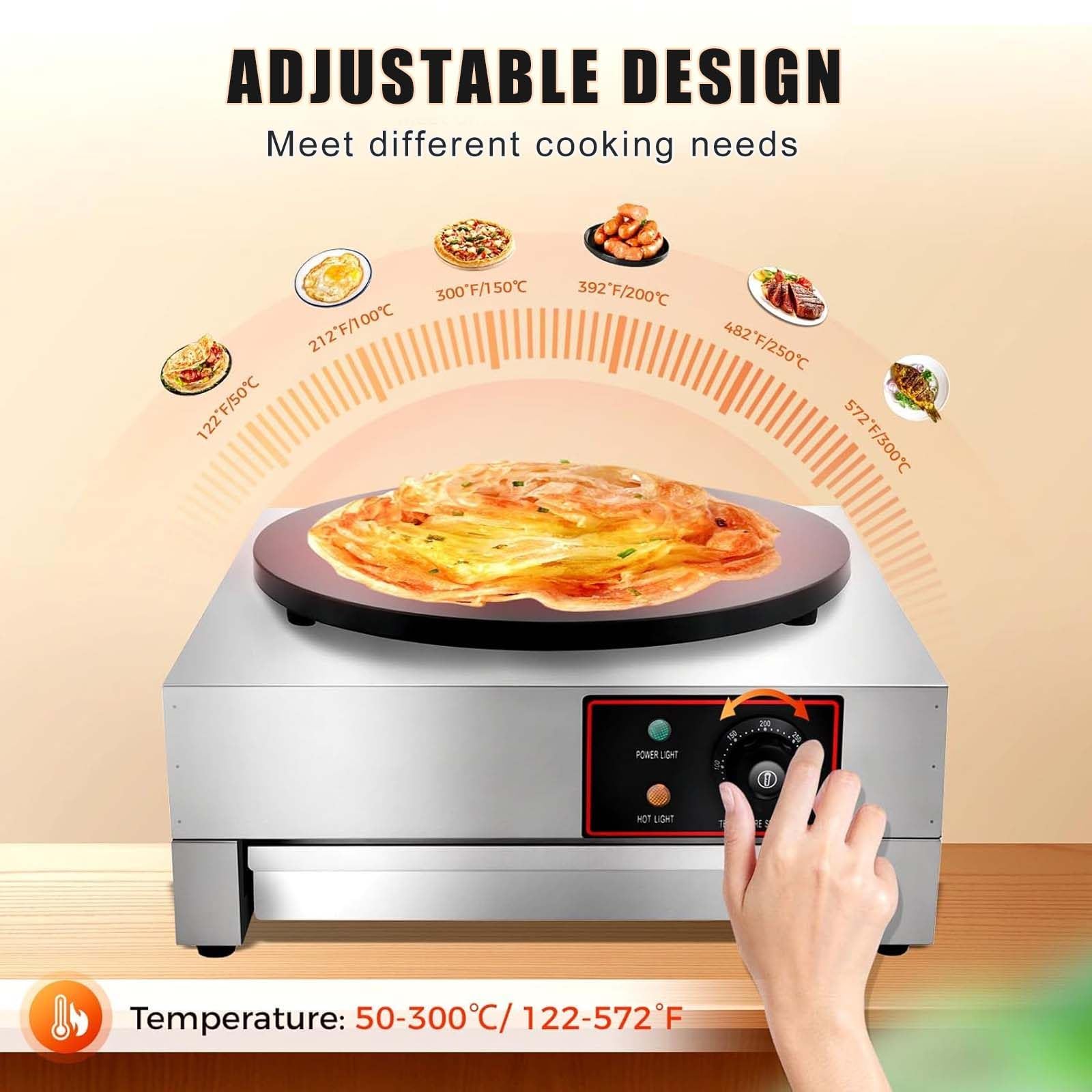 Crepera Redonda De 40 Cm -Plancha EléCtrica Para Panqueques Y Omelettes,Control Preciso De Temperatura Con Indicadores, Cuerpo De Acero Inoxidable + Placa De CoccióN De Hierro Fundido Single-head