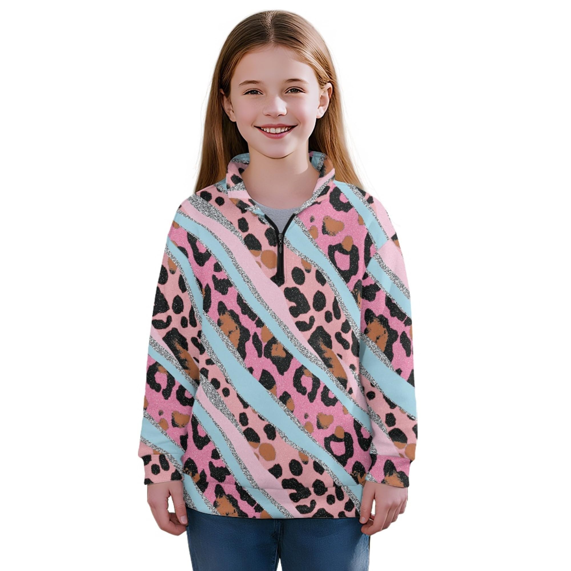 AmzPrint Girls Quarter Zip Jackets Long Sleeve Pullover Novelty Athletic Running Graphic Hoodies For Big Girls