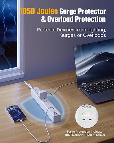 Miniatura 6 de SUPERDANNY - Cable de extensión de 10 pies con múltiples tomas, protector de sobretensiones de enchufe plano SUPERDANNY cable de 10 pies de largo, 6