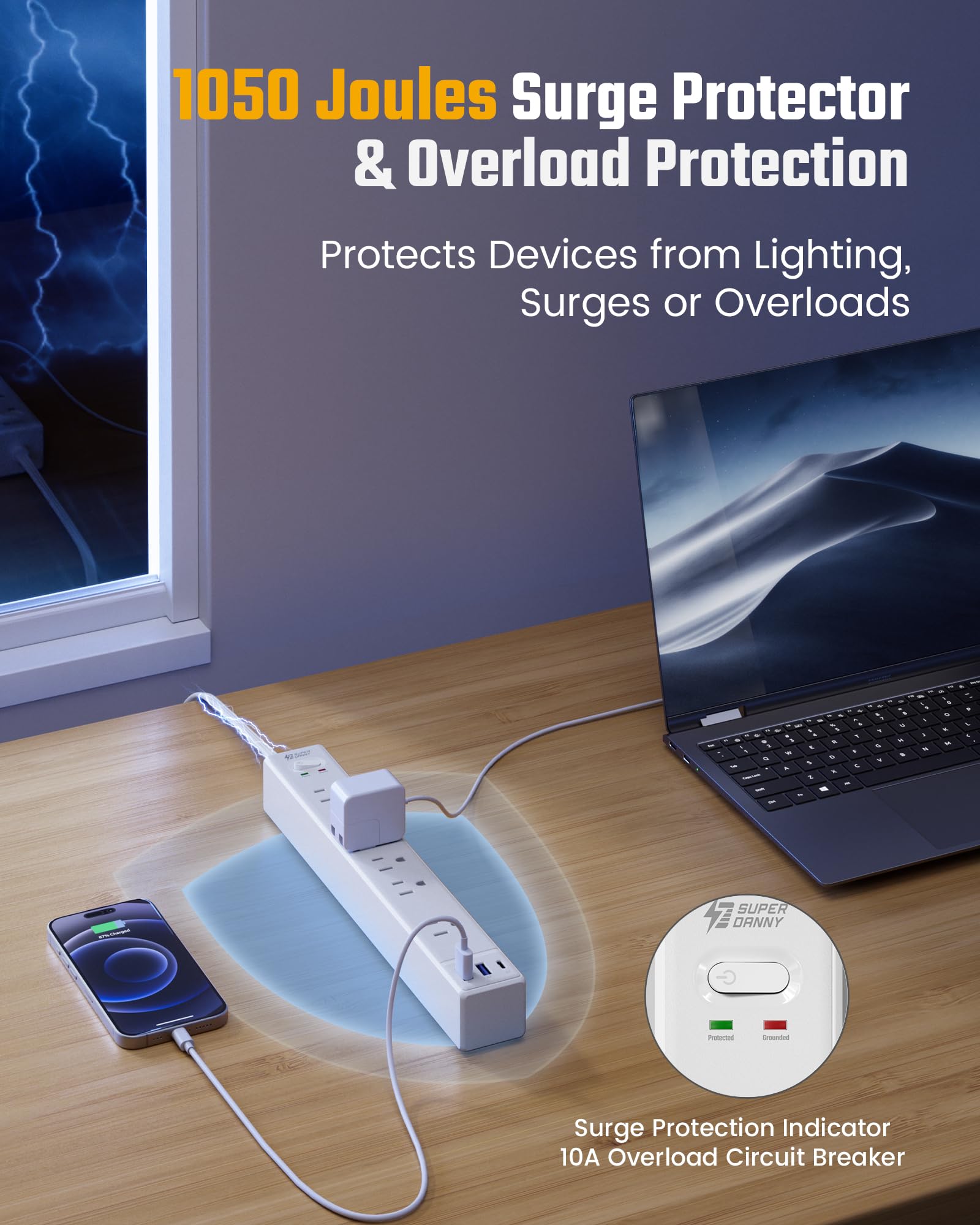 2 multiprises avec protection contre les surtensions, câble d'extension ultra fin de 1,8 m avec 3 USB, base de chargement (6 prises), rallonge de prise