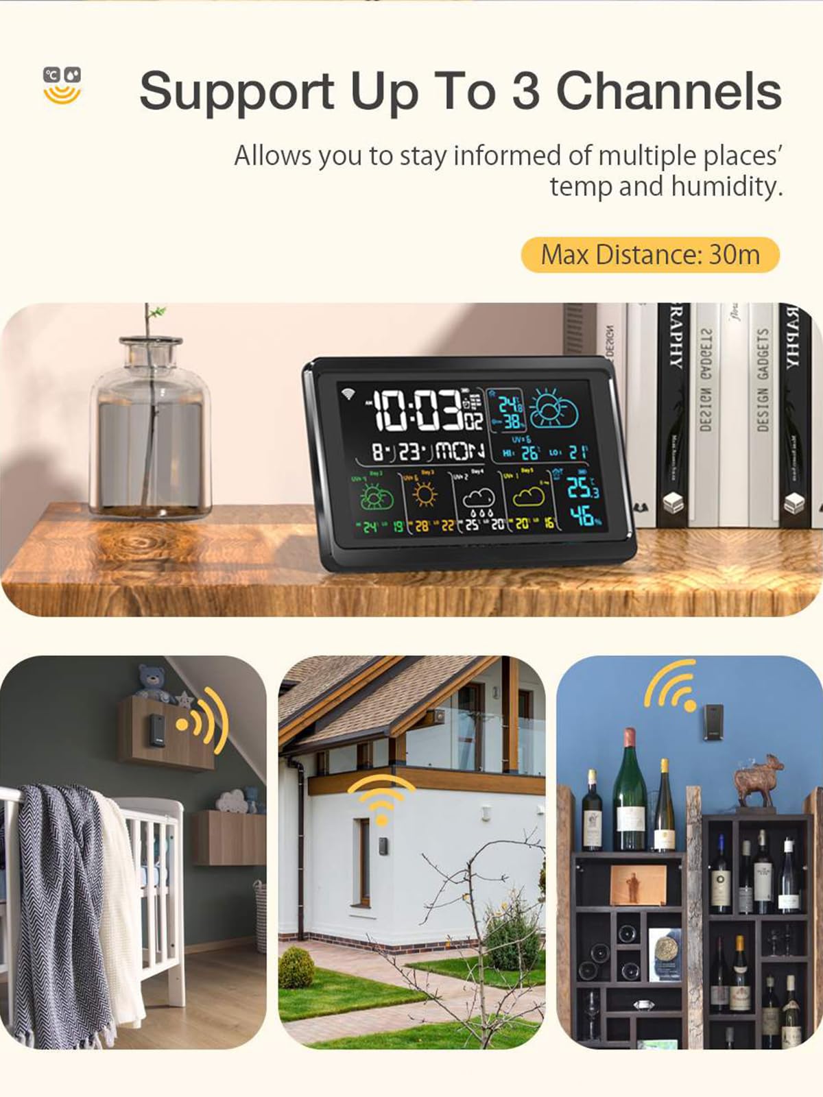 Tuya WiFi Smart Weather Station z pilotem SmartLife APP i czujnikami, miernikiem temperatury i wilgotności wewnątrz i na zewnątrz, budzikiem z funkcją drzemki/prognozą pogody, czar