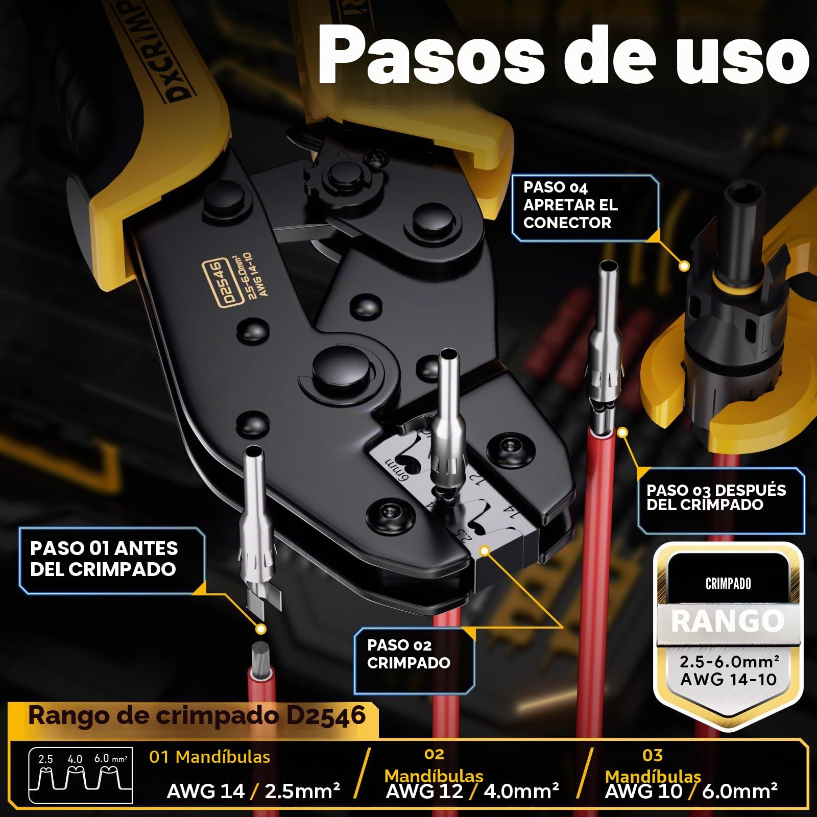 DXCRIMP Juego de Herramientas de Crimpado Solar GF-10Z Para Cable de 2,5/4/6 mm², Módulo Fotovoltaico Con Pelacables, Enchufe, Llave y Caja de Herramientas