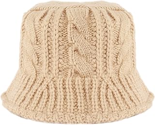 Minache Women Girls Winter Warm Bucket Hat Solid Color Beanie Hat Chunky Cable Knit Hats Foldable Floppy Knitted Cap Beige