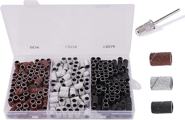 BNG 210pcs Sanding Bands For Nail Drill Manicure Set with Box, Nail Drill Sanding Tape, 80/120 / 180 GRIT Nail Art Sanding Tape with 1pcs 3/32 inch Nail Drill Bit