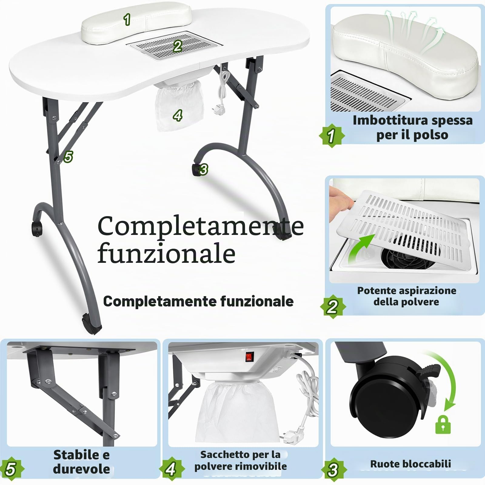 LZQ Tavolo per unghie con aspirazione, tavolo da manicure pieghevole con aspirapolvere per unghie, 90 x 37 x 77 cm, bianco