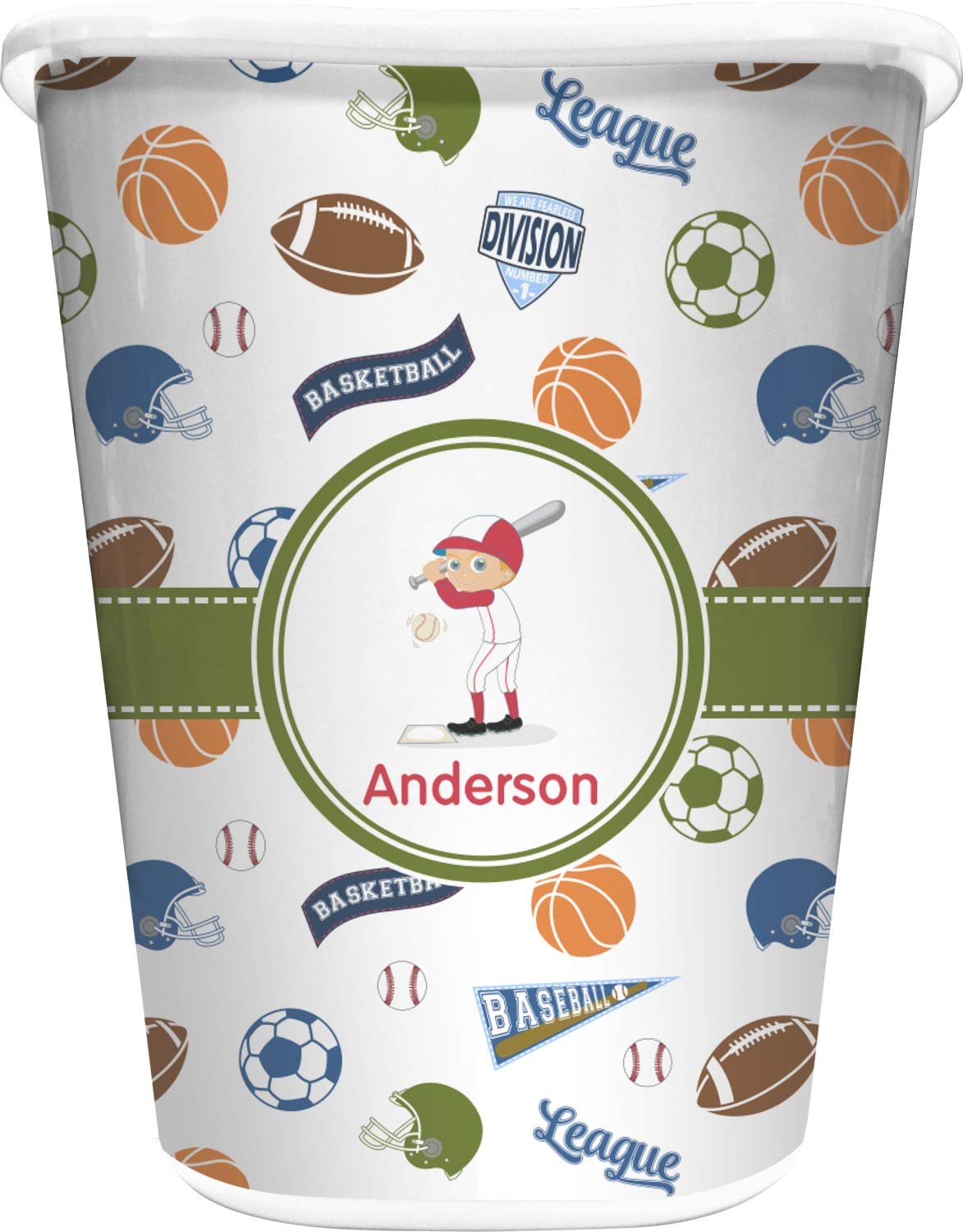 RNK Shops Personalized Sports Waste Basket - Single Sided (White)