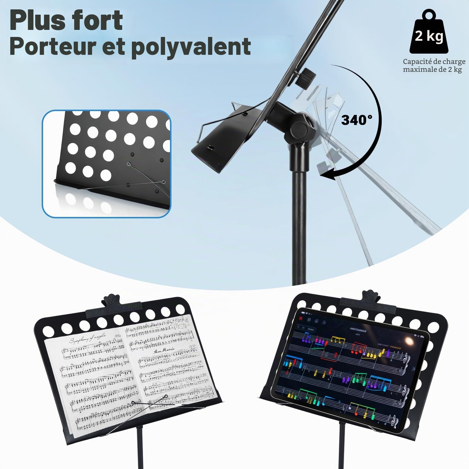 Pupitre de Musique 2 en 1 - Support Partitions et Pupitre de Table, Pliable, Léger, Portable et Hauteur Réglable avec Sac de Transport Idéal pour la Batterie, l'orchestre et Autres Spectacles Musicaux