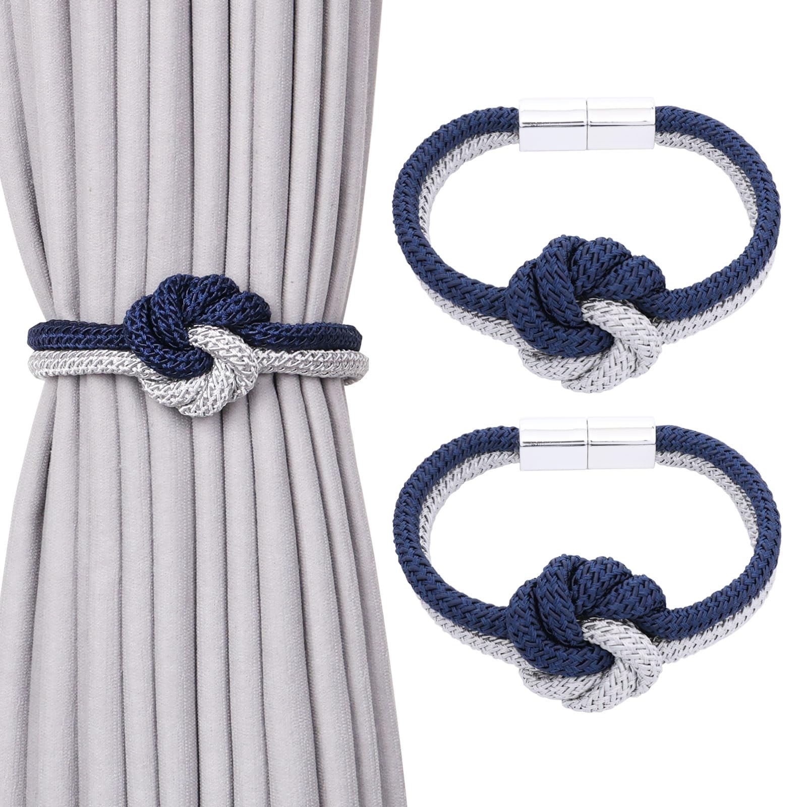 Pretty Jolly 2 Pack Cute Flower Knot Magnetic Curtain Tiebacks Nordic Style Drape Tie Backs Elegant Hand Weave Rope Decorative Curtain Holdbacks for Home & Office Window Drapery (Dark Blue & Grey)