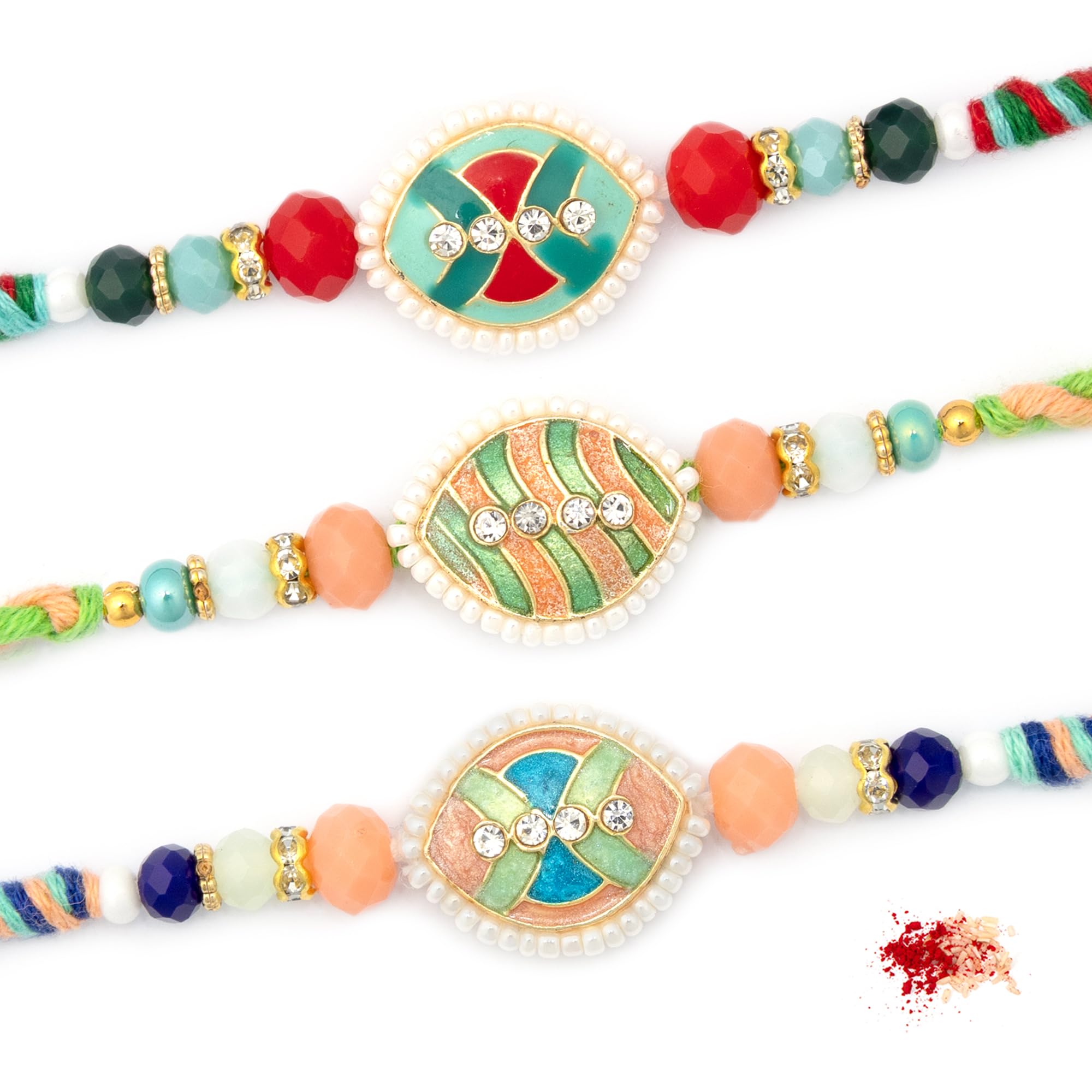 Meena Rakhi for Brother - Pack of 3 Rakhi with Tilak Material and Greeting Card-image-32