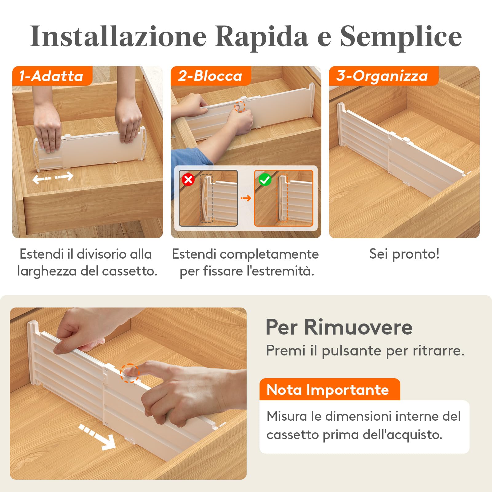 Lifewit Divisori per Cassetti Regolabili, Organizer per Armadio Salvaspazio, Separatore per Armadio, Cucina, Camera da Letto, Confezione da 4, Altezza 13 cm, 30-47 cm, Bianch