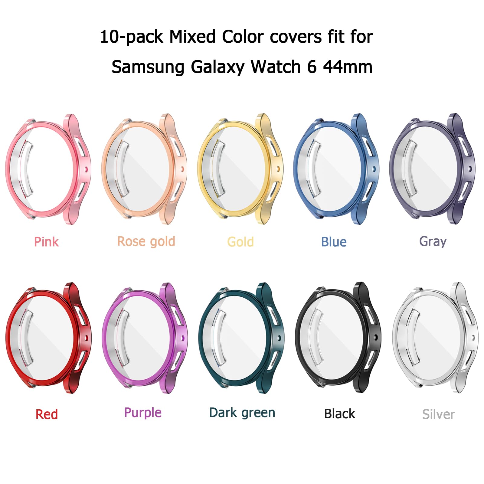 RIHCONE Series Lot de 10 coques compatibles avec Samsung Galaxy Watch 6 (44 mm 2023) résistante aux chocs et aux chocs avec protecteur d'écran HD, accessoires pour Samsung Watch 6 (44 mm, 44 mm)