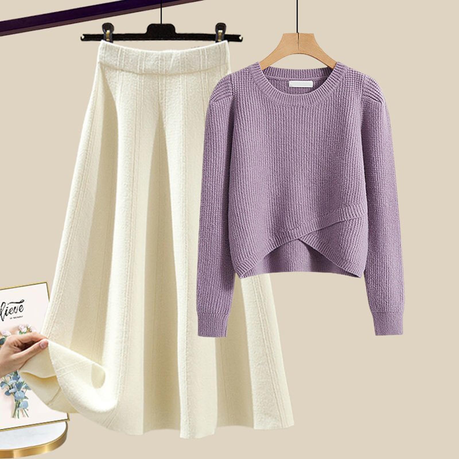 Set di gonna a maglia da donna autunnale, maglione a maniche lunghe e gonna maxi a vita alta, set di due pezzi maglione a maglia, gonna midi, tuta da casa, clubwear, top bodycon, gonna alla moda per