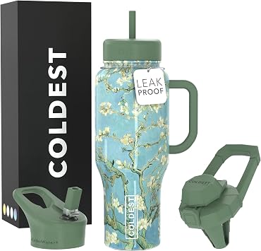 Coldest Tumbler with Handle and Straw - 100% Spill Proof Tumbler with Straw 3 Lids - Stainless Steel Insulated Leakproof Tumblers for Women & Men - 36 oz Almond Blossom