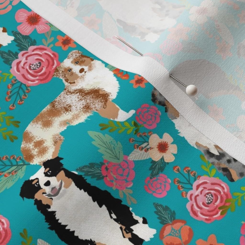 Spoonflower Fabric - Australian Shepherd Dogs Floral Cute Aussie Dog Vintage Flowers Printed on Petal Signature Cotton Fabric by The Yard - Sewing Quilting Apparel Crafts Decor