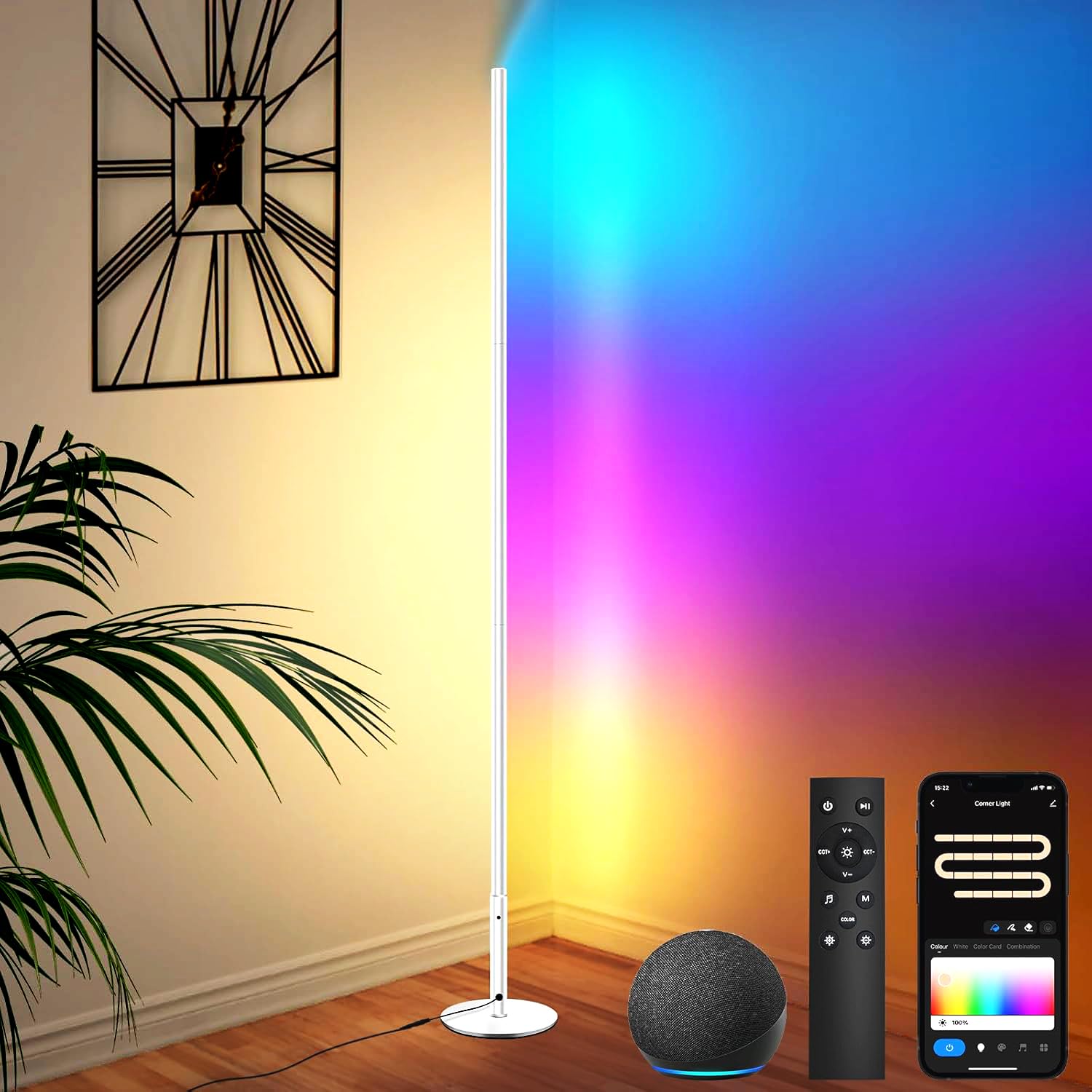 Yicenscoltd Lámpara de pie LED WiFi RGBCW – Lámpara de pie inteligente regulable con control por voz Alexa/Google Home, mando a distancia, para salón, dormitorio, sala de juegos [Clase energética B]