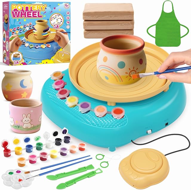 Roue pour enfants, Air Kit en argile sèche & Ensemble d'arts et d'artisanat, âge 6-12. mini roue électrique, à air sec & peinture. Vitesse initiale douce; 3 les paquets d'argile, 12 peintures & tablier