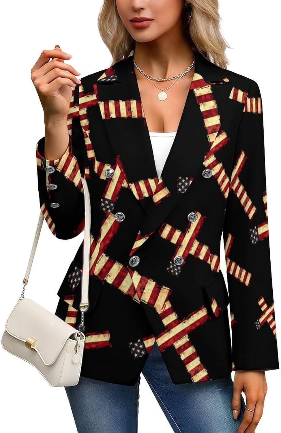U.S Flag Crosss Women's Blazer Long Sleeve Suits Business Casual Blazers Jackets Lapel Open Front Suit