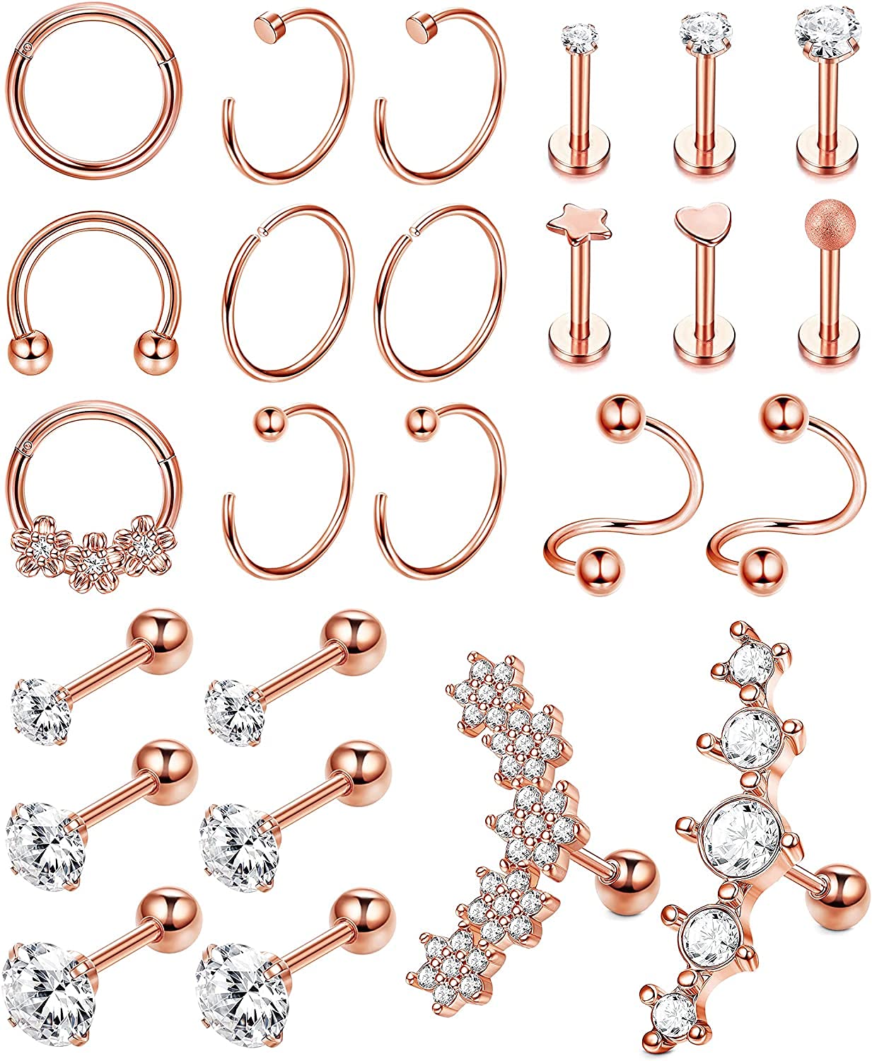 LOLIAS25 Piezas 16-20G Pendientes Cartílago Acero Inoxidable para Mujeres Niñas Aretes Piercing Tragus Helix Stud Pendientes Conch Piercing Regalo Joyería