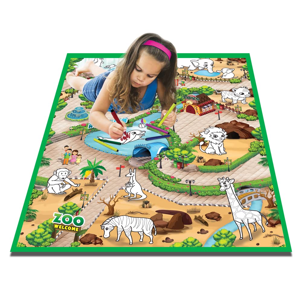 Eduk8 Dinosaur Colour & Wipe Mat - Dino Play Mats Animal Learning Homeschool Activity Floor Game | Home School Fun Learn Children's Playing Colouring (Zoo, 120 x 90cm)