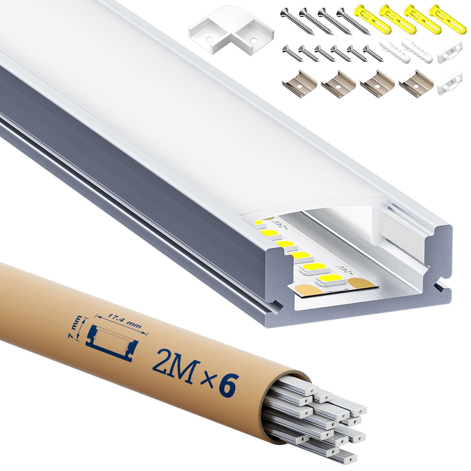 Profil aluminiowy LED 6 x 2M (łącznie 12 M), kanał LED w kształcie litery U, z dyfuzorem w PC i akcesoriami montażowymi do montażu sufitowego lub montażu podtynkowego do taśm LED
